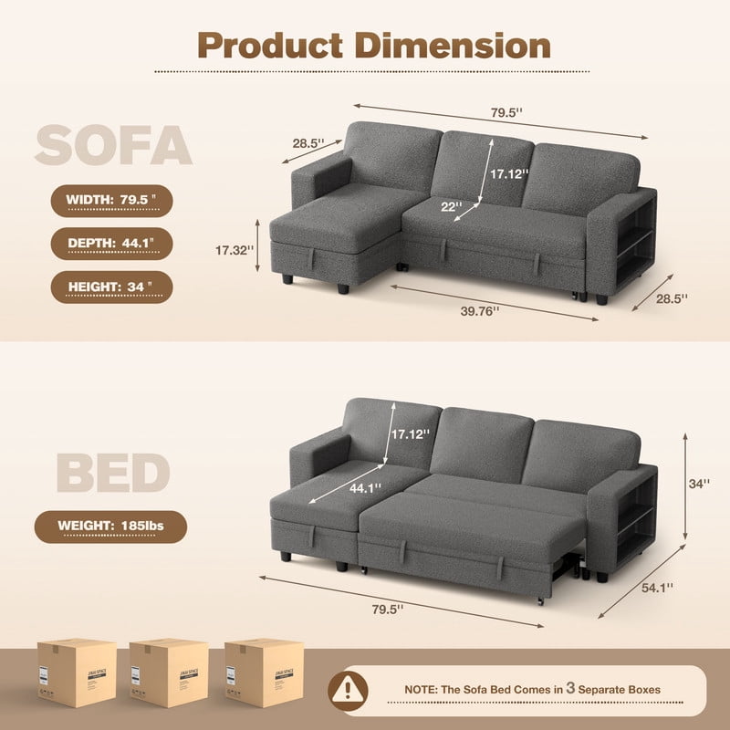 Homall 80" Sleeper Sofa Couch with Pull Out Bed Sectional Sofa with Storable Armrest Shelf and USB Charge Port for Living Room,Gray
