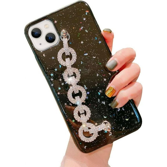 Compatible with iPhone 13 Case, Glitter Clear Cute Sparkly Bling Star Design Luxury Shiny Crystal Silver Chain Protective Cover for Ladys Girls and Women