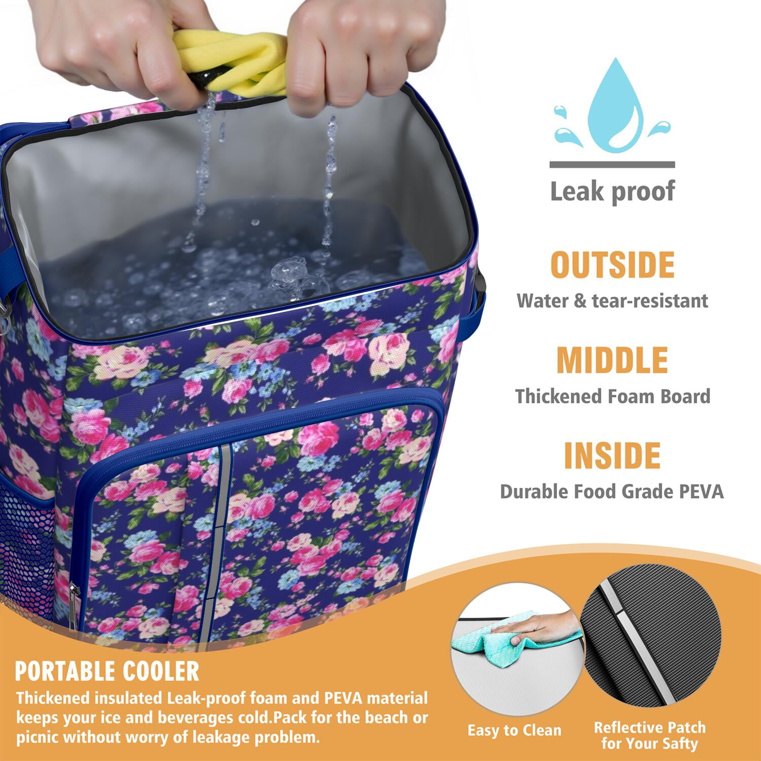 Travel Cooler Bag - Pioneer Flower Floral Print Pattern Camping Beer Cooler Backpack with Bottle Opener- Waterproof Insulated Picnic Backpacks - Cooler Bag for Beach