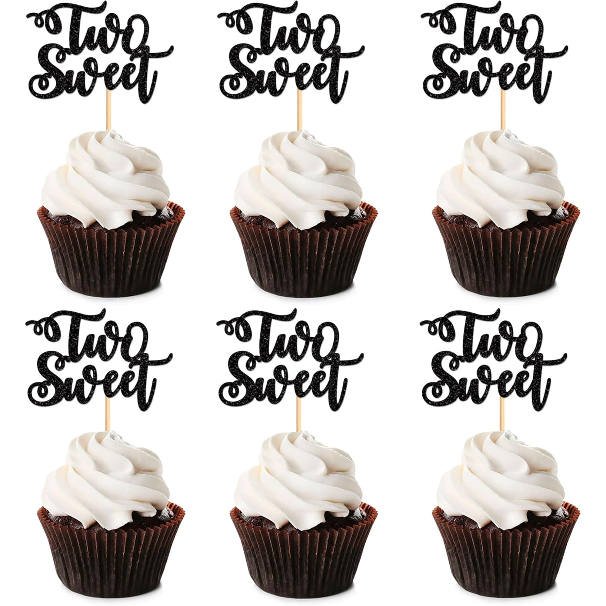 Two Sweet Cupcake Toppers Black Glitter 12 Pack 2nd Birthday and Baby Shower Party Decoration Picks