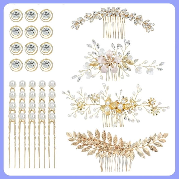 36 Pack Gold Flower Leaf Bridal Wedding Hair Side Combs U-shaped Pearl Hair Pins Spiral Rhinestone Hair Clips Barrettes Prom Headpieces