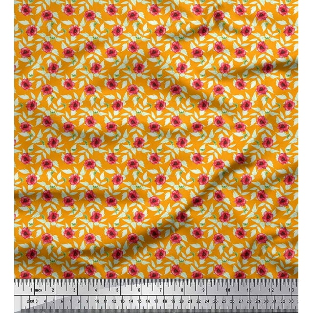 Soimoi Modal Satin Tissu Feuilles & Coquelicot Imprimé Floral 1 Yard 42 Inch Wide