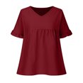 thumbnail image 5 of Cotton Linen Cute Summer Tops Ruffle Short Sleeve V Neck Pleated T Shirts for Women Loose Fit Solid Casual Tees (Medium, Wine), 5 of 6