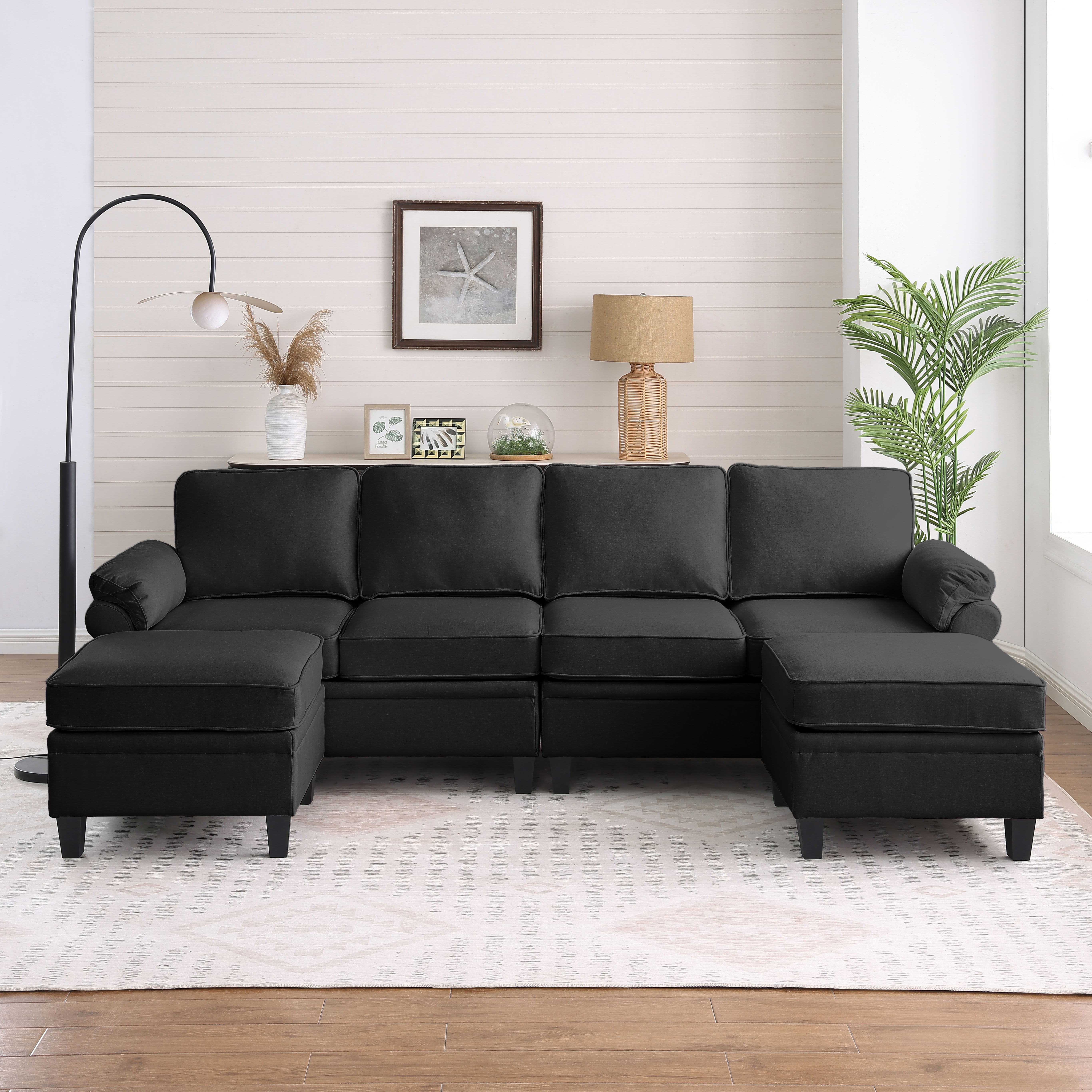 MAYEERTY 102 Inch Linen Modular Sectional Sofa, DIY Convertible Combination Sofa Couch with Storage Ottomans, for Living Room, Apartment