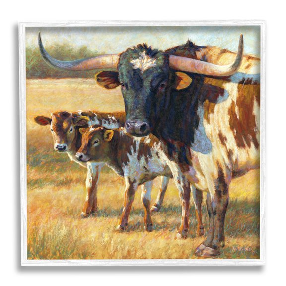 Longhorn Cattle Family Grassland Animals & Insects Painting White Framed Art Print Wall Art