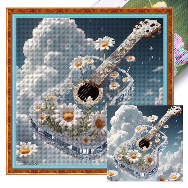 Hilo Algodón Ecológico Bordado Punto Cruz Guitarra Con Flores Impresas 11CT 50x50cm