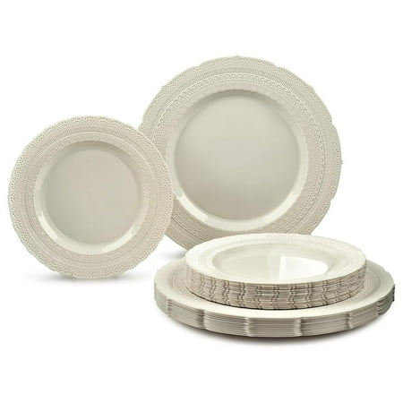 

OCCASIONS 80 Plates Pack (40 Guests) Extra Heavyweight Vintage Wedding Disposable/Reusable Plastic Plates 40 x 11 Dinner + 40 x 8.25 Salad/Dessert Plate (Chateau Ivory)