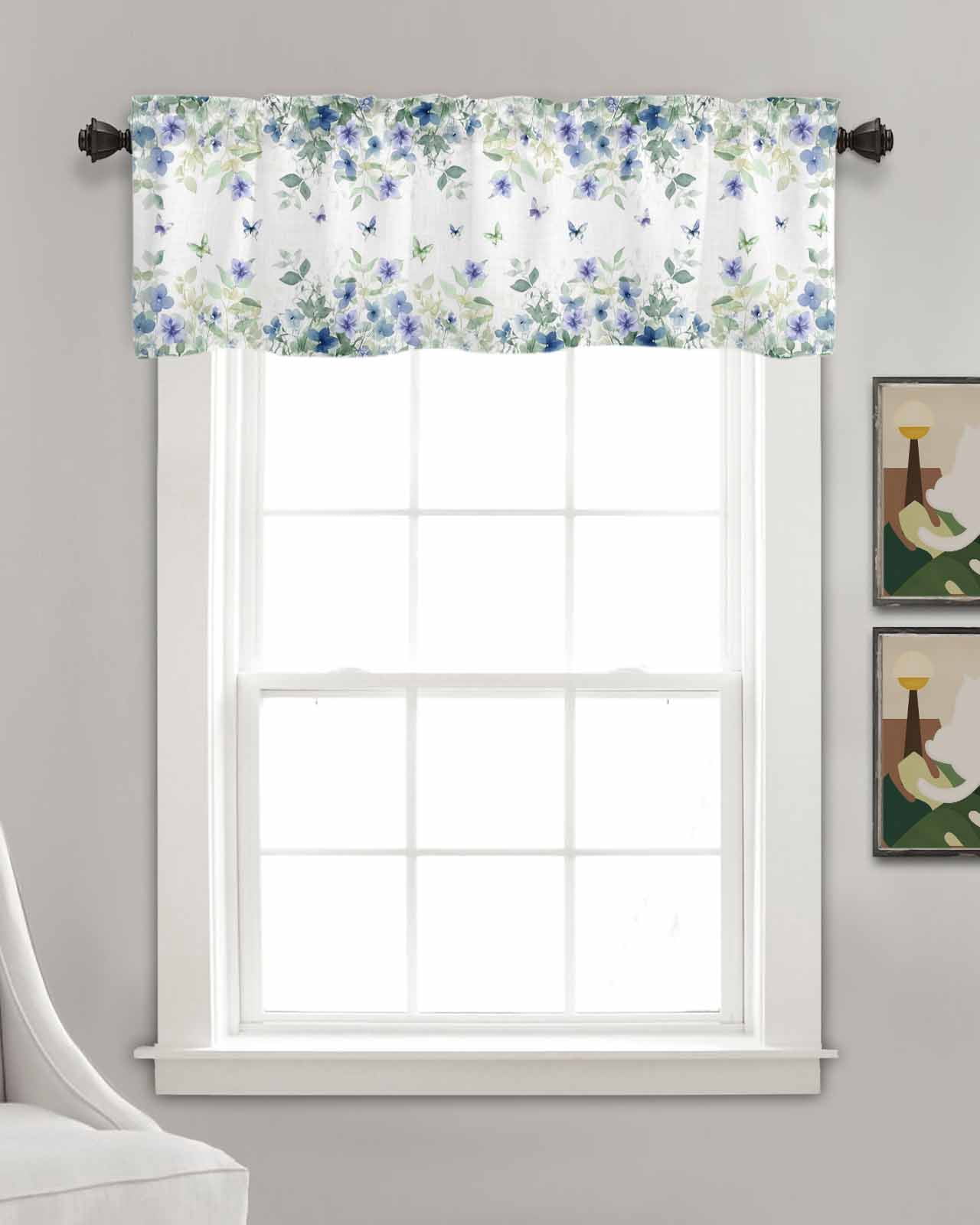 Leaf Butterfly Kitchen Valances for Windows Farmhouse Linen Window Valance Curtain for Living Room Window Treatment Watercolor Sage Green Purple Floral Valance Rod Pocket Topper Drape, 42 x 12 Inch