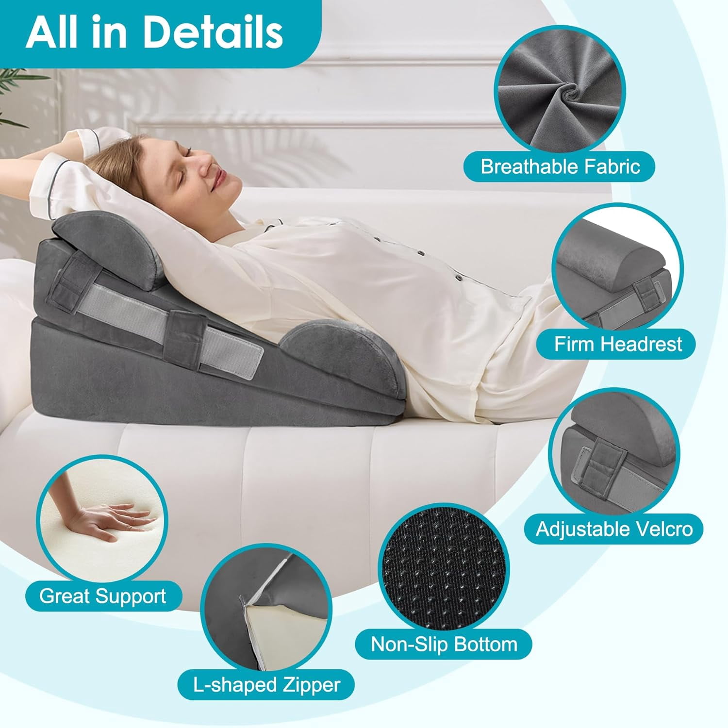 4Pcs Wedge Pillow Set for After Surgery,Acid Reflux Relief, Adjustable Bed Wedge Pillows for Sleeping,Anti Snore, Memory Foam Triangle Pillow for Back&Neck&Shoulder Pain Relief, Plush Grey