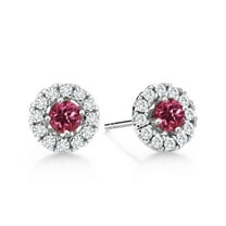 Gem Stone King 14K White Gold Lab Grown Diamond Halo Stud Earrings 0.59 Ct Round Pink Tourmaline