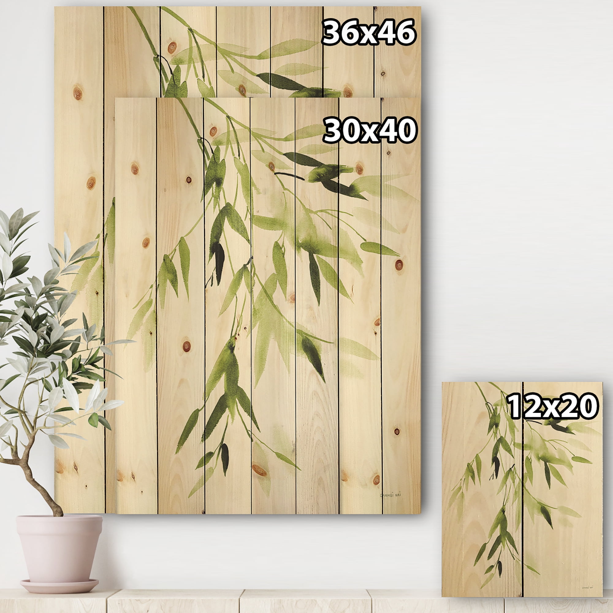 Designart 'Abstract Simplist Bamboo Leaves I' Lake House Print on Natural Pine Wood