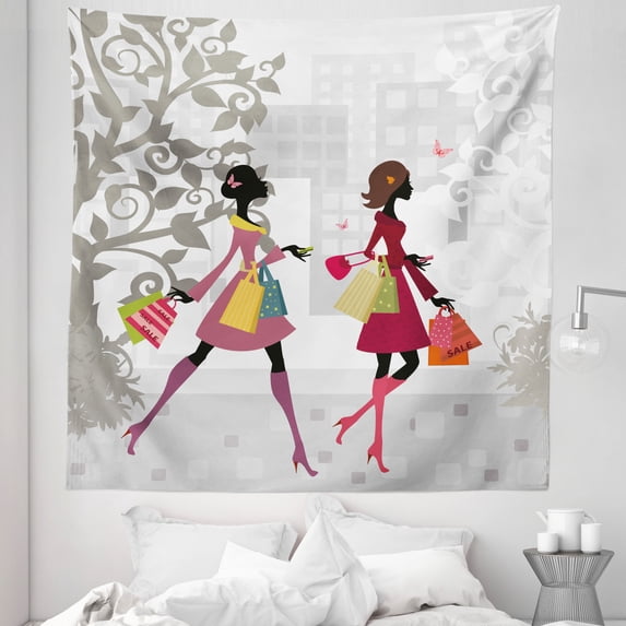 Teen Room Tapestry, Retro Fashion Women Shopping in City Streets Beauty Butterfly Urban Life Graphic, Fabric Wall Hanging Decor for Bedroom Living Room Dorm, 5 Sizes, Multicolor, by Ambesonne
