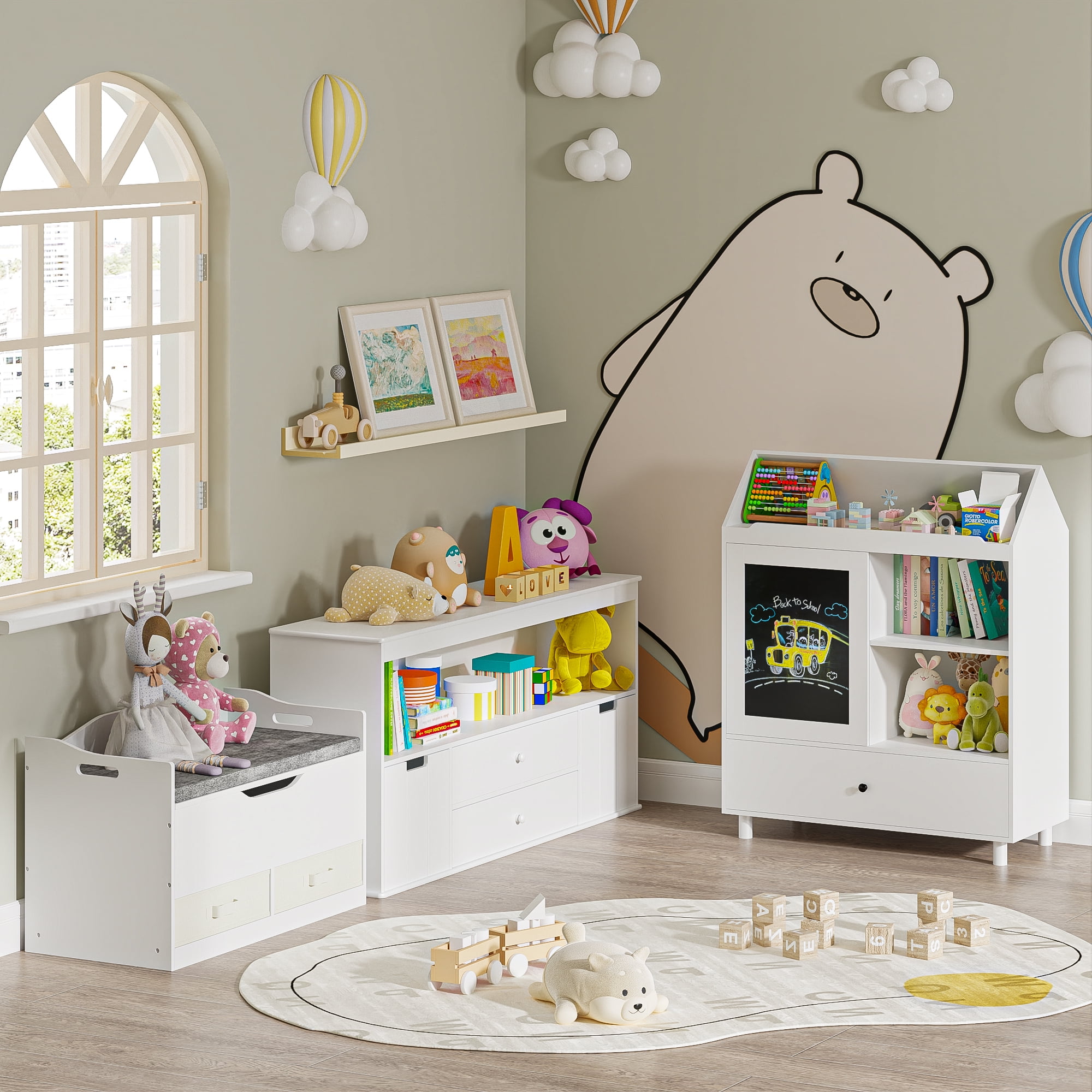 Yoneston Kids Bookcase with Magnetic Blackboard & Storage Drawer, Toddler Toy Organizer Cabinet with Reading Top Area for Playroom Classroom Nursery, White