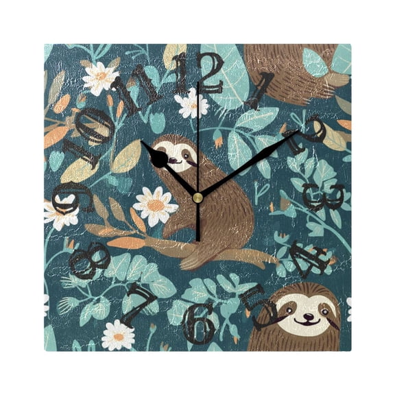 Slothes Leaves Flowers Wall Clock Square Silent Non Ticking Battery Operated Clock for Home Bathroom Kitchen Bedroom Living Room
