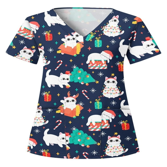 Hauts Style Infirmière à Imprimé Renne pour Femmes T-shirt de Noël