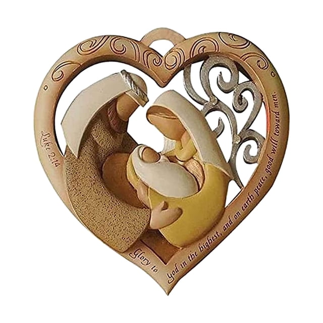 Adorno de madera de la Sagrada Familia, 16 x 16 x 1 cm, en forma de corazón, para colgar en el árbol de Navidad, regalo de bautizo