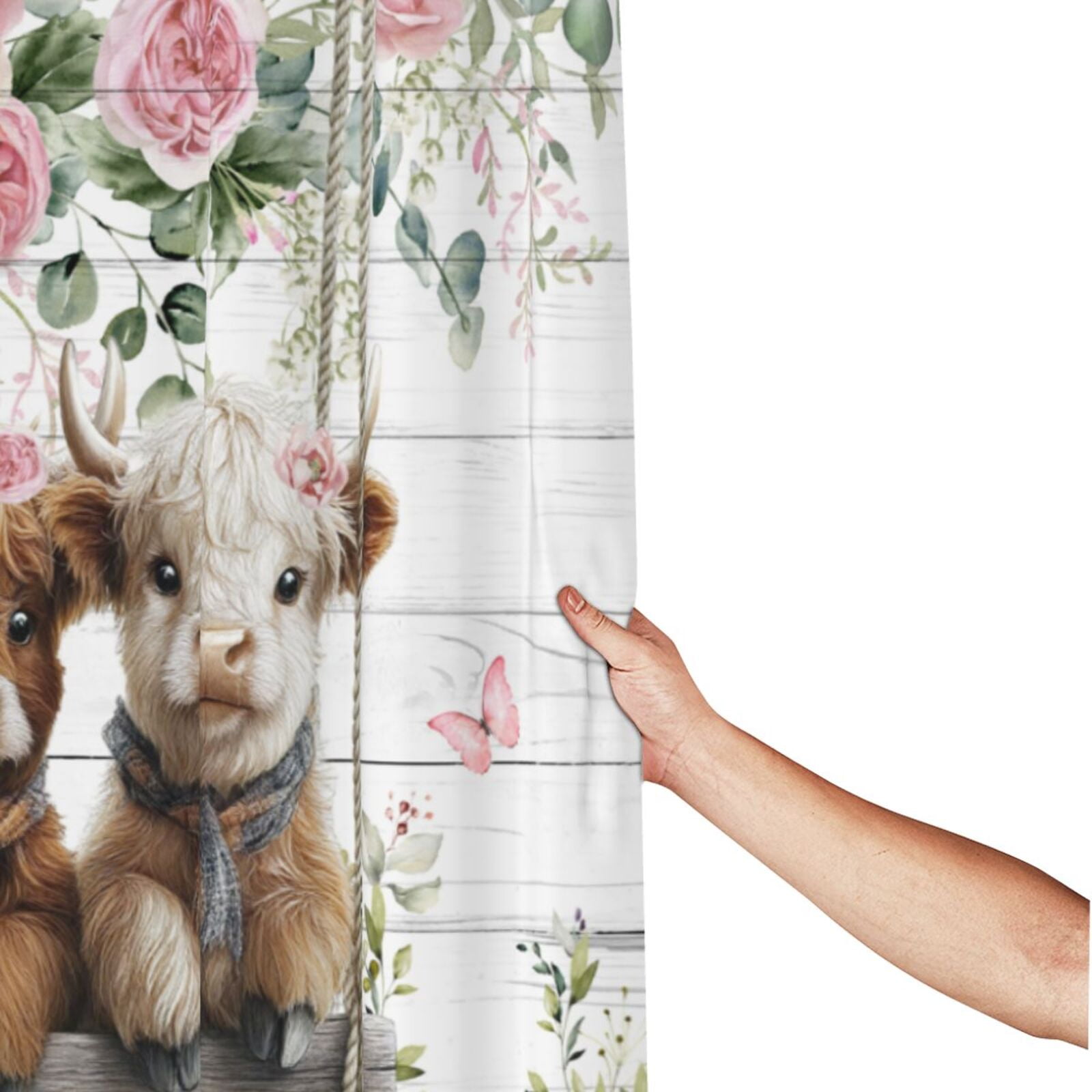 NEONWE Farmhouse Highland Cow Floral Shower Curtain, Pink Flower with Farm Cow and Eucalyptus Bathroom Curtain, 60x72 Inches