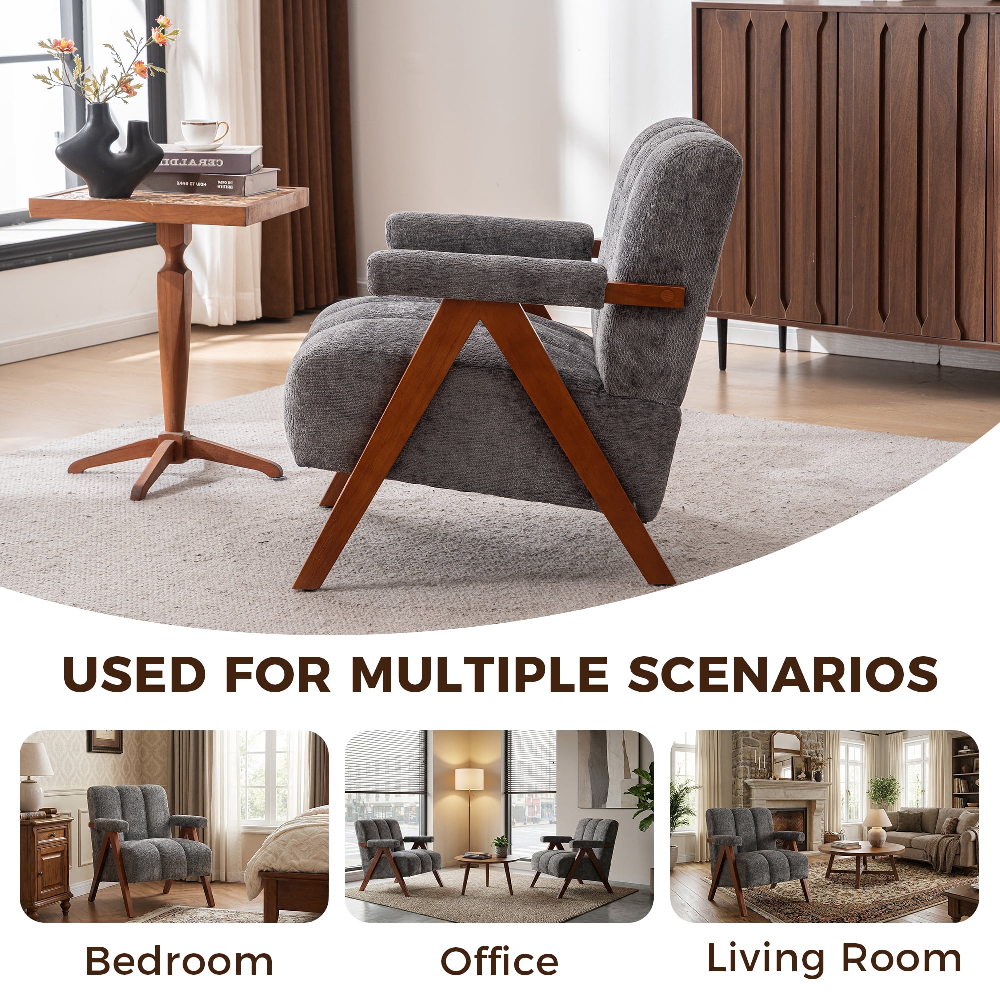MOONMISS Mid Century Modern Accent Chair with Solid Wood Frame, Boucle Upholstered Living Room Chairs with Thick Cushion, Comfy Tufted Arm Chair for Bedroom,Gray