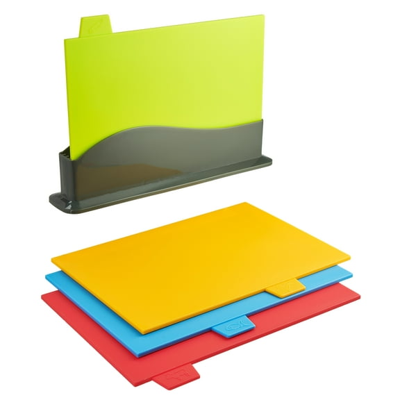 Servappetit Colorful Cutting Board Set with Stand - Dishwasher Safe - Food Icon Tabs (Vegetable, Poultry, Fish & Beef)