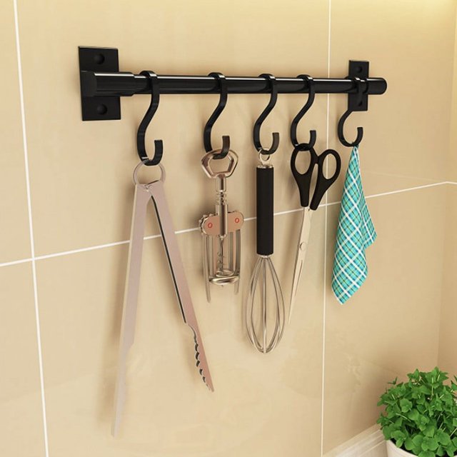 Negro 30 cm; con 8 ganchos estante colgante para cocina con ganchos soporte montado en la pared espacio de aluminio barra única estante de almacenamiento fácil