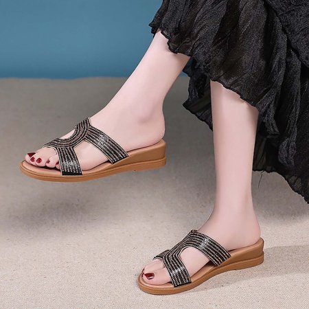 

bvgfsahne Spring And Summer Rhinestone Slope With Sandals Thick Bottom A Word Roman Sandals