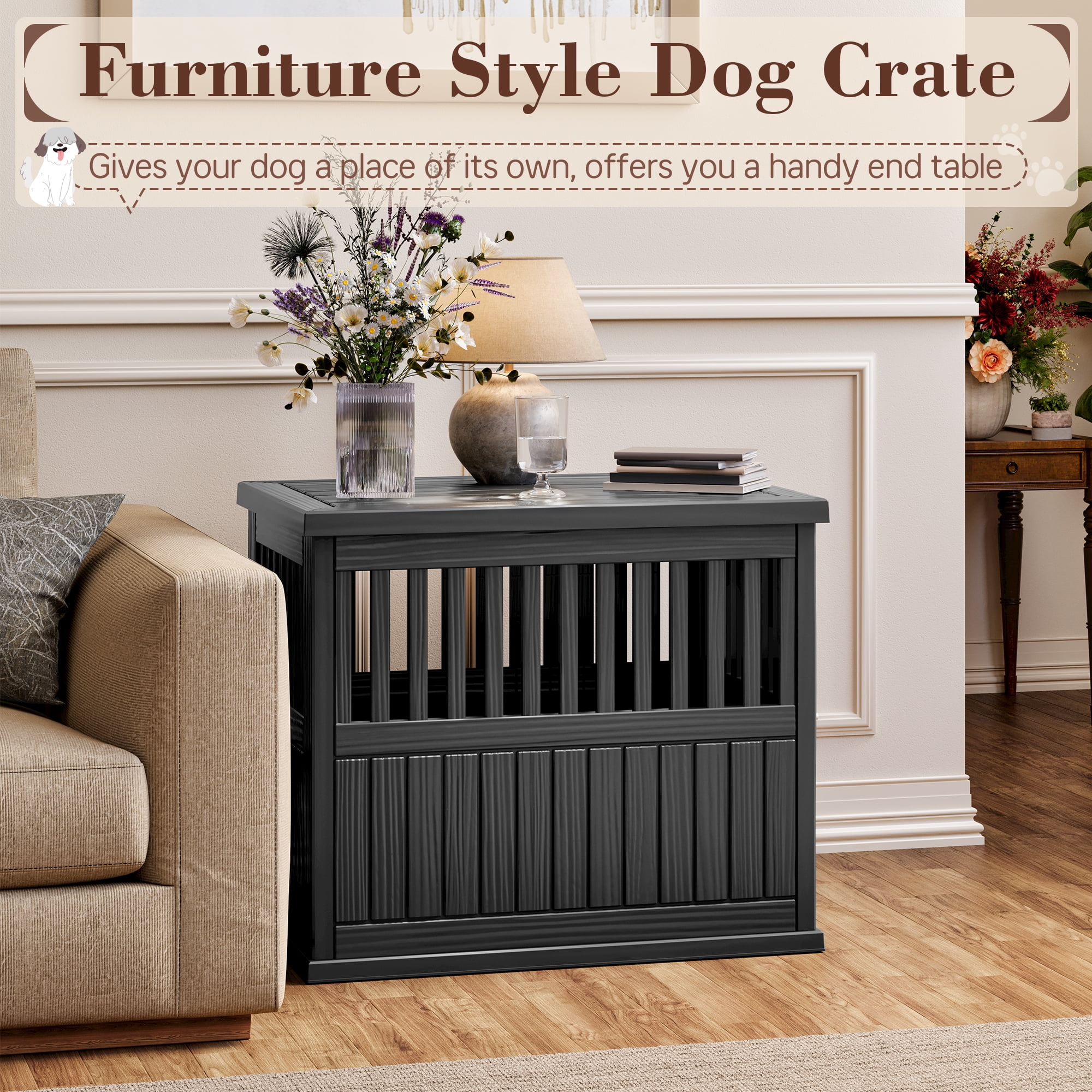 Bifanuo Dog Crate, Decorative Plastic Kennel with Locking Latch for Small to Medium Breeds, Indoor, Black
