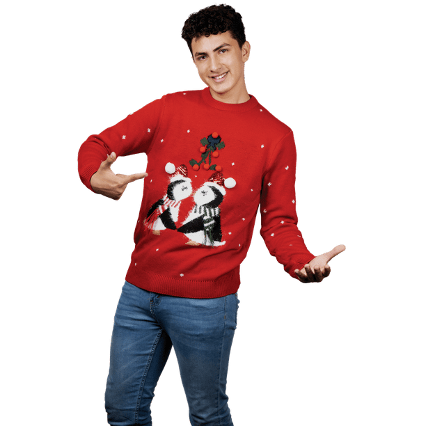 Suéter navideño ugly pingüinos para hombre Rev Sueter cerrado cuello  redondo tejido