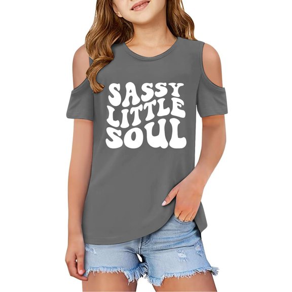 Girls Tshirts Kids Letter Printed T Shirt Short Sleeve Shoulder Cut-Out Crewneck Pullover Undershirt Girls Clothes Size 9-10 Years