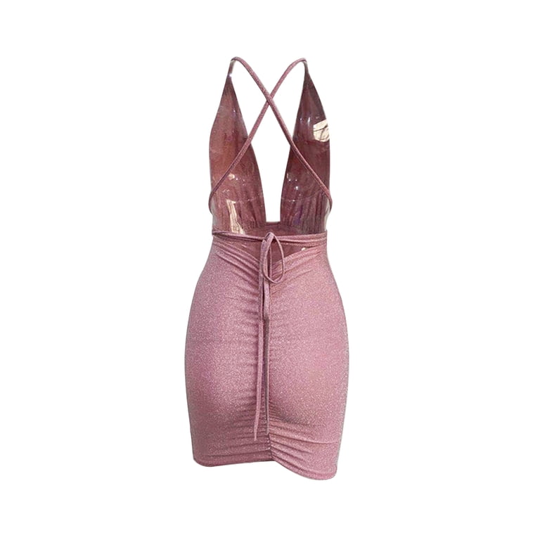 Liacowi Women's Slim Fit Sling Halter Dress Sexy Deep V Neck Solid