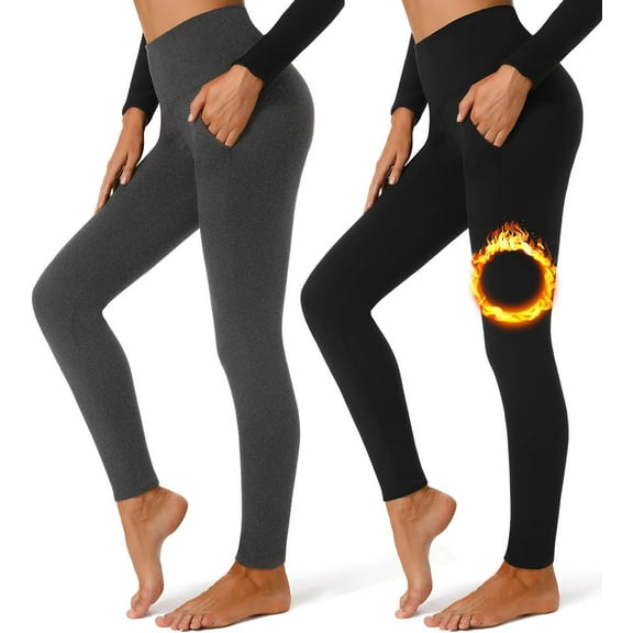 GZhLonKiMa 2 Pack Fleece Lined Leggings with Pockets for Women High Waisted Thermal Winter Yoga Pants for Workout Running