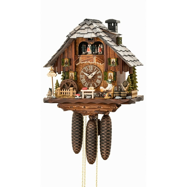 Cuckoo Clock Black Forest house with moving beer drinker and mill wheel