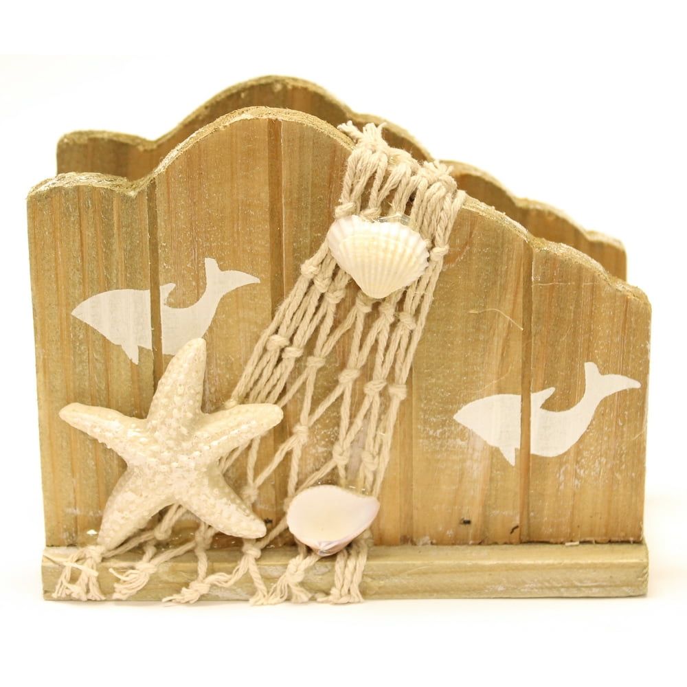 5 Inch Wooden Nautical Napkin Holder with Shells, Netting and Dolphin