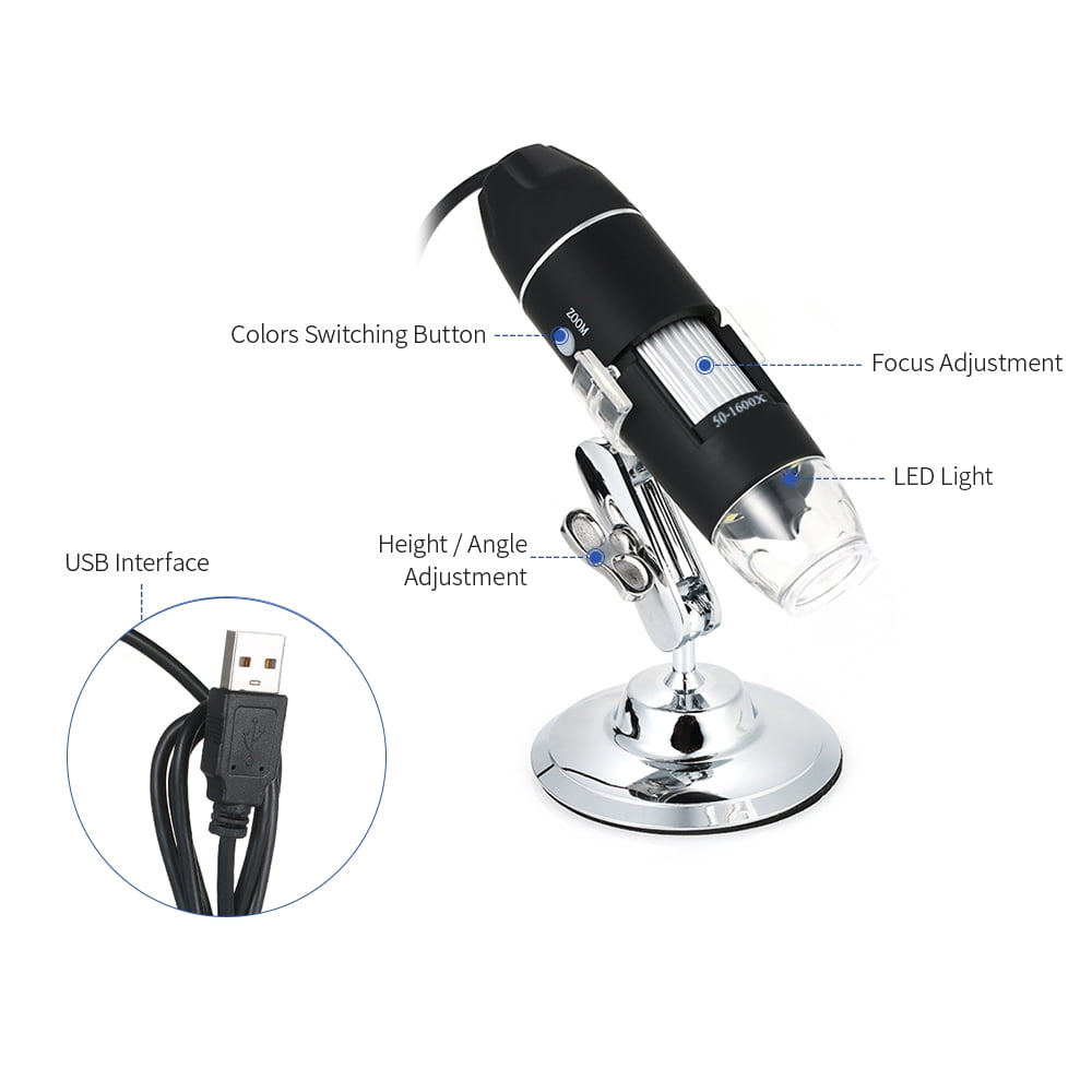 1600x Magnification Endoscope, 8 LED USB 2.0/1.1 Digital Microscope, Mini Camera with OTG Adapter and Metal Stand, Compatible with Win XP/Vista, Win7/32/64
