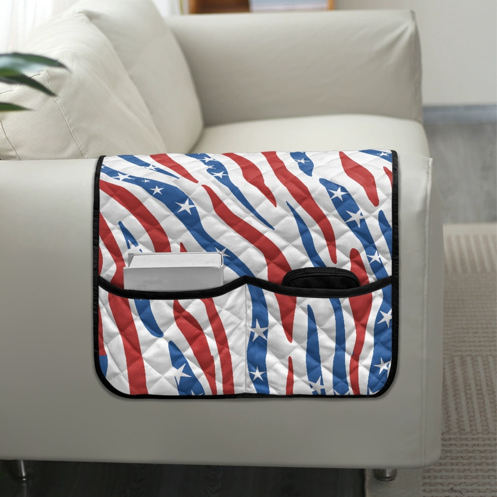 TSOVTHRID Blue Red Stripe Star Print Couch Arm Rest Cover Anti-Slip Furniture Protectors for Pet Cat Dog, Stain Resistant Arm Covers for Sofa with 2 Pockets Modern Home Decor