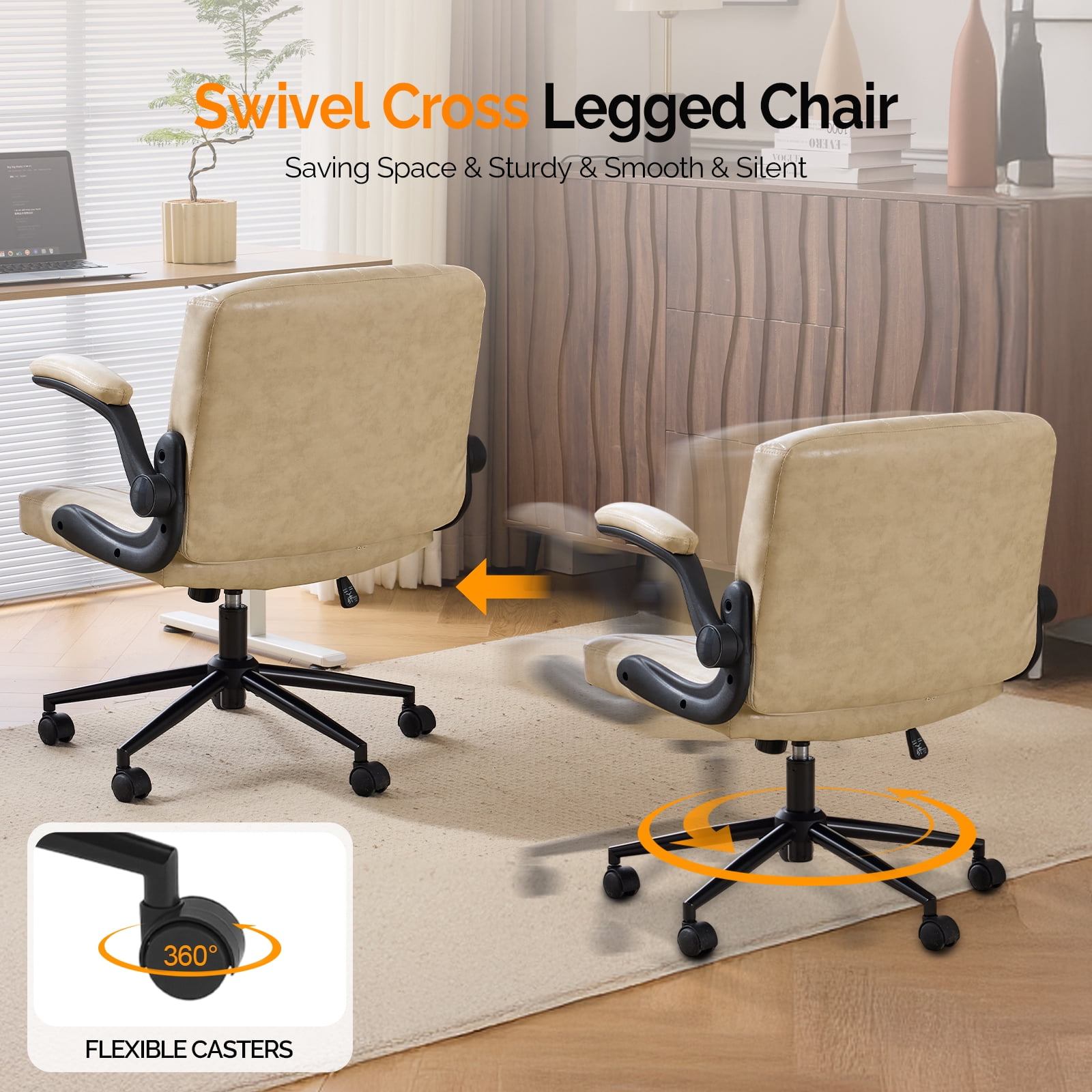 Ktaxon PU Office Desk Chair , Flip-Top Armrest Task Chair on Metal Star Base, Adjustable Height & Quiet Casters for Study Black