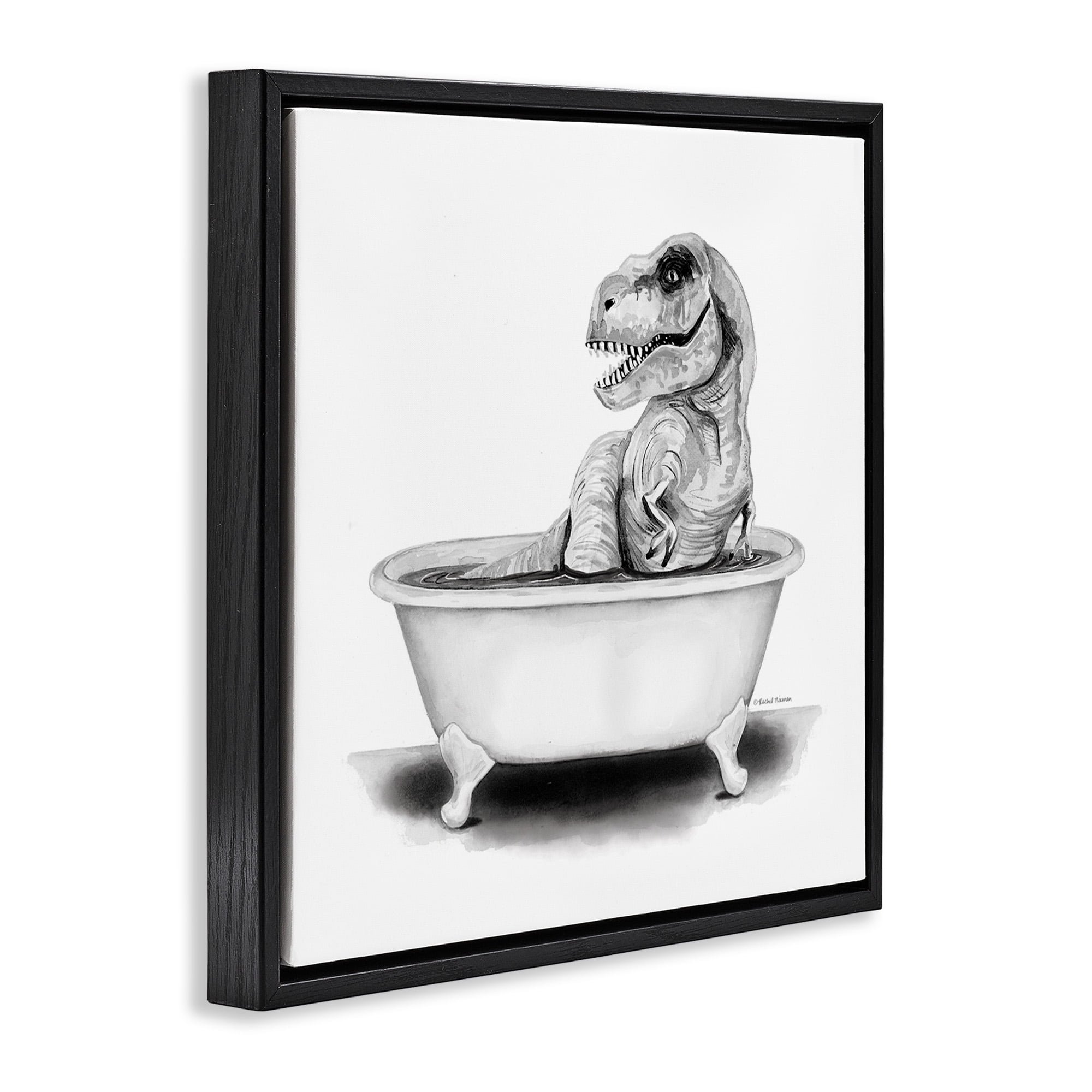 Stupell Industries Funny T-Rex Bathtub Washroom Animals & Insects Painting Black Floater Framed Canvas Art Print Wall Art, 25 x 25