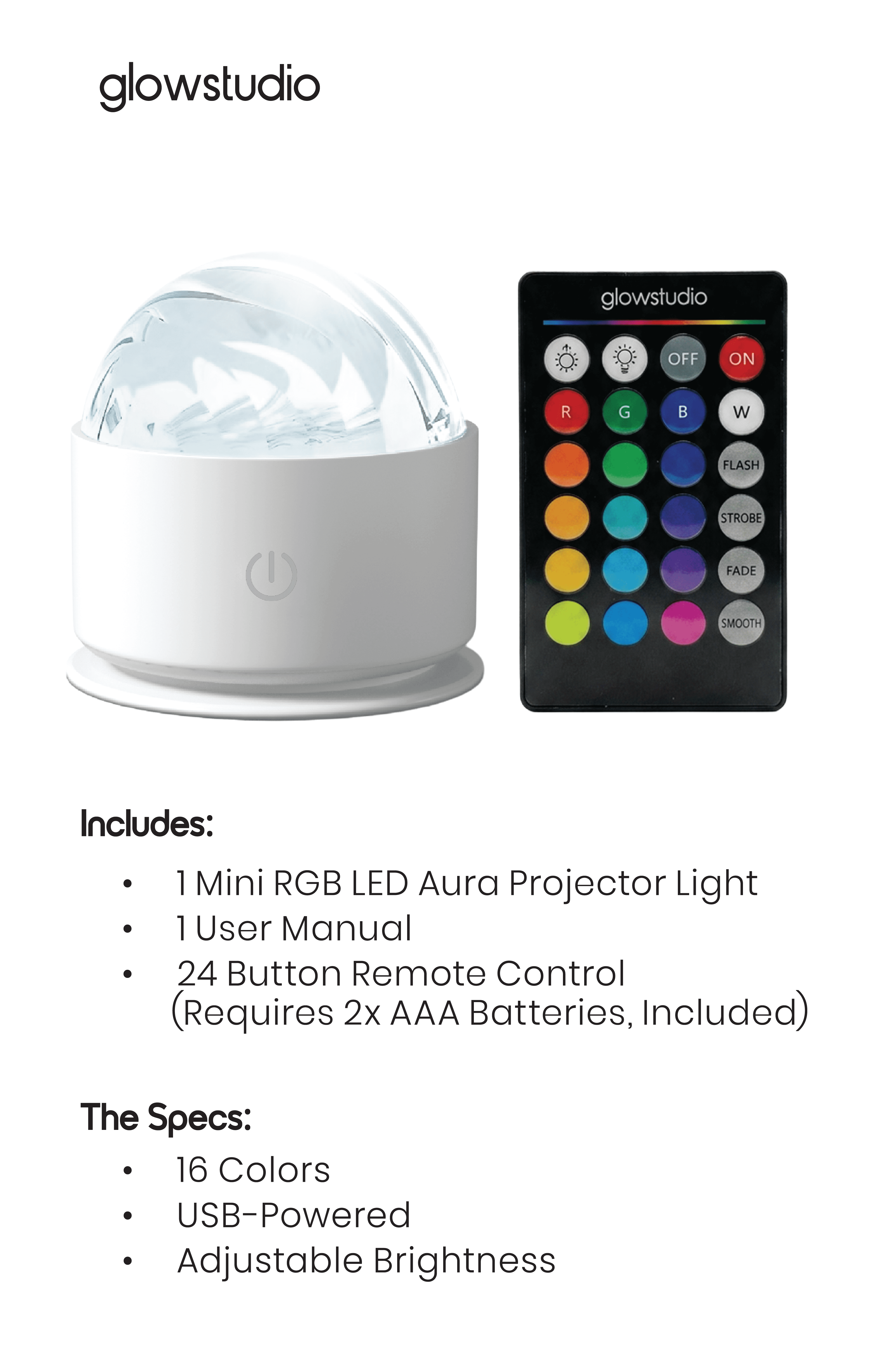 GlowStudio, Mini LED AURA Light, 16 RGB Colors, Remote Included