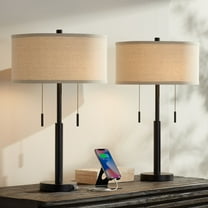Franklin Iron Works Bernie Industrial Table Lamps 25" High Set of 2 Rich Bronze with USB Charging Port Tan Drum Shade for Bedroom Living Room Bedside