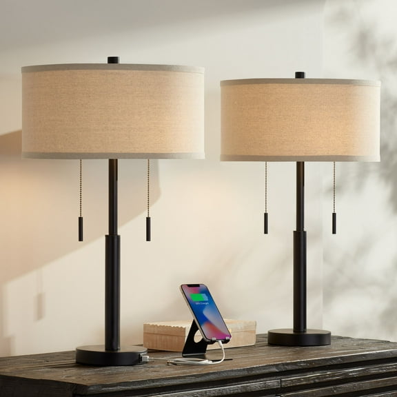 Franklin Iron Works Bernie Industrial Table Lamps 25" High Set of 2 Rich Bronze with USB Charging Port Tan Drum Shade for Bedroom Living Room Bedside