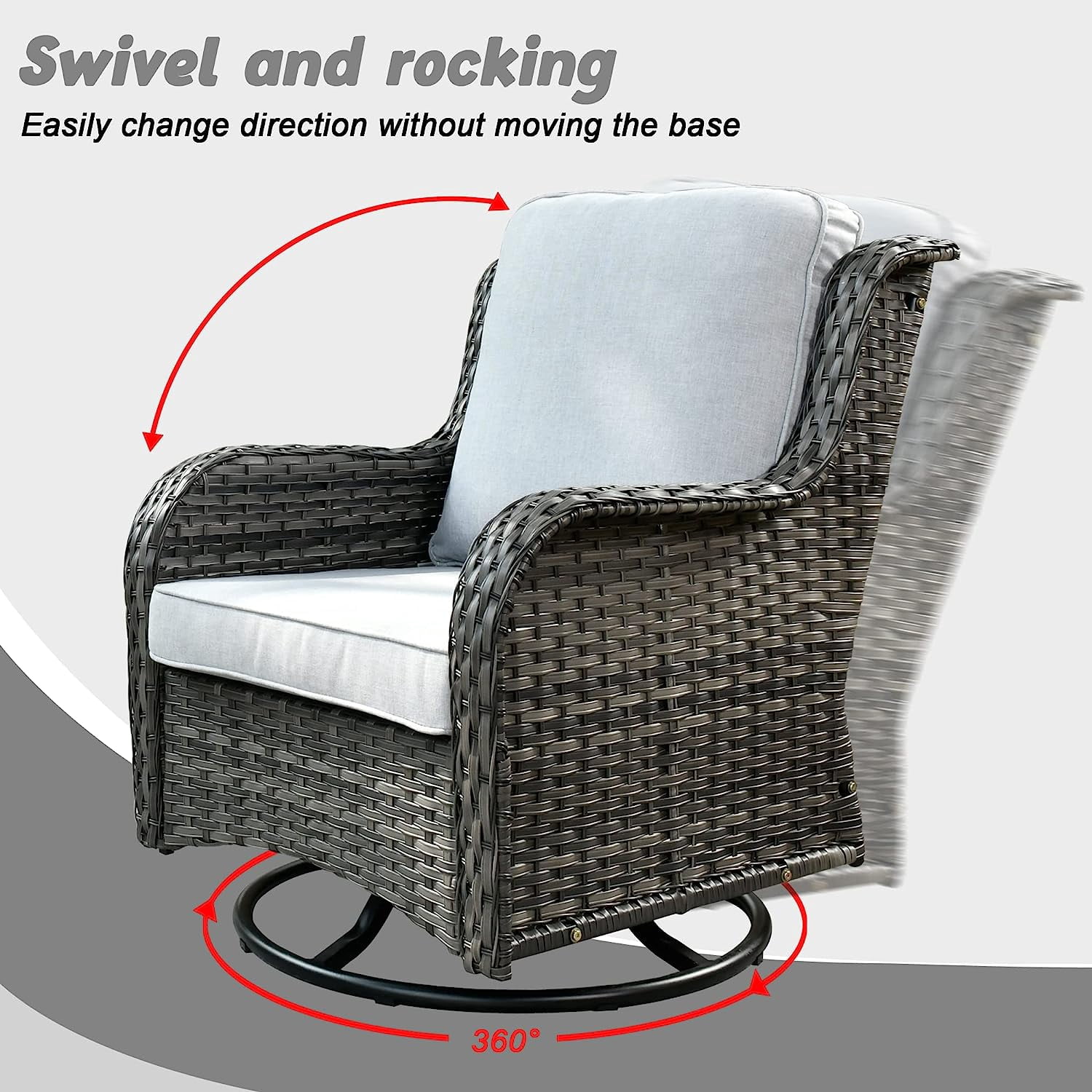 XIZZI Outdoor Patio Wicker Swivel Rocker Set,3-Piece Rocking Chair Bistro Set with Grey Cushions and Coffee Table,Grey Wicker
