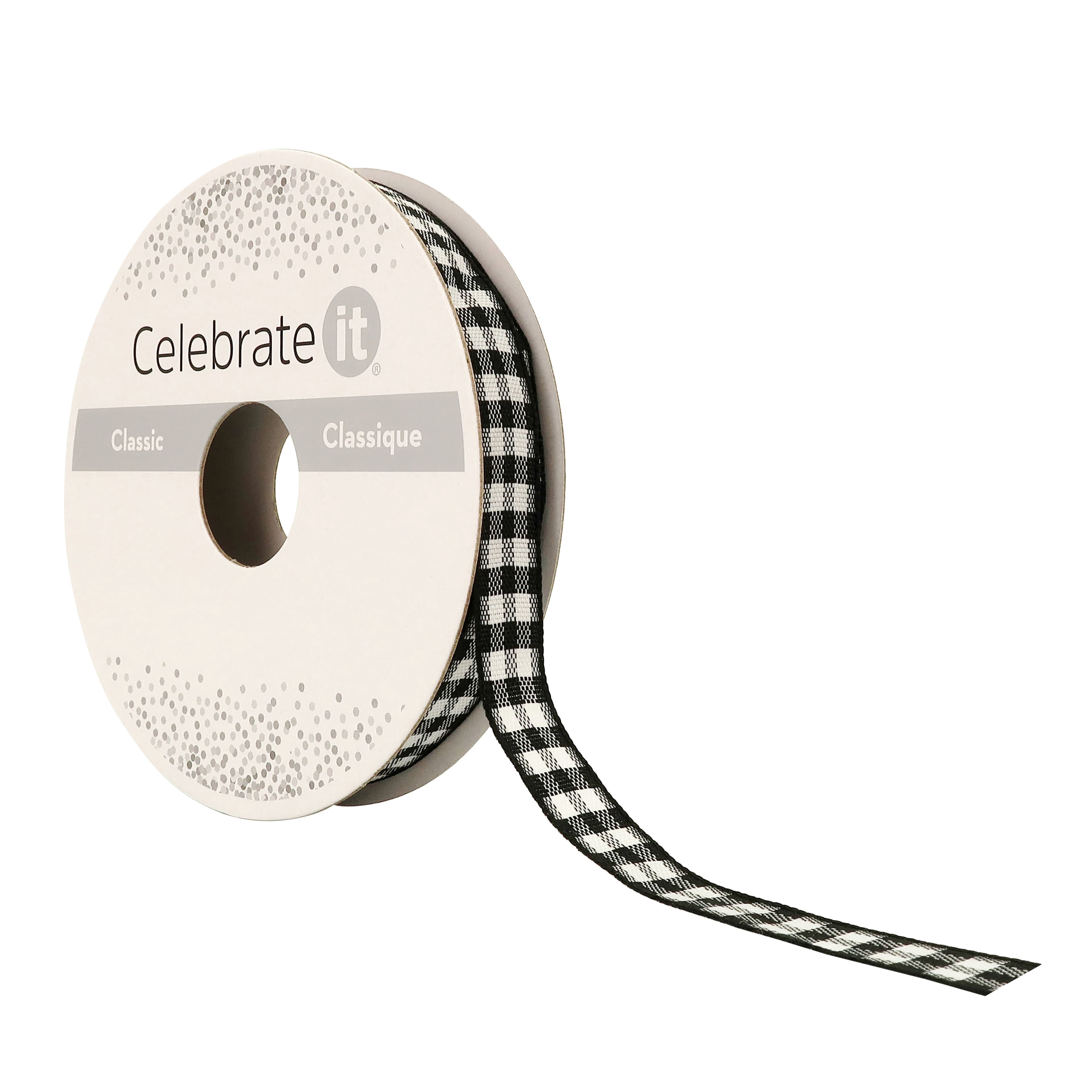 3/8" x 7yd. Black Gingham Ribbon by Celebrate It – Non-Wired Woven Selvage Edge - Ideal for Gift Wrapping - Crafts & Home Decor - 12 Pack