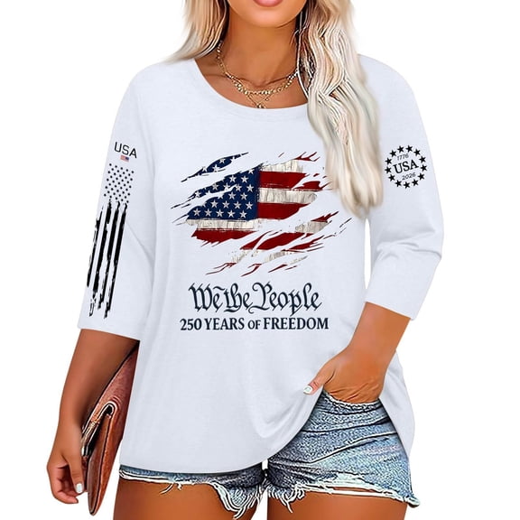 Trgacdwlo XL-5XL Plus Size Women's 250th Anniversary Stars Stripes 3/4 Sleeve 4th of July Shirt Summer Freedom Womens T Shirts