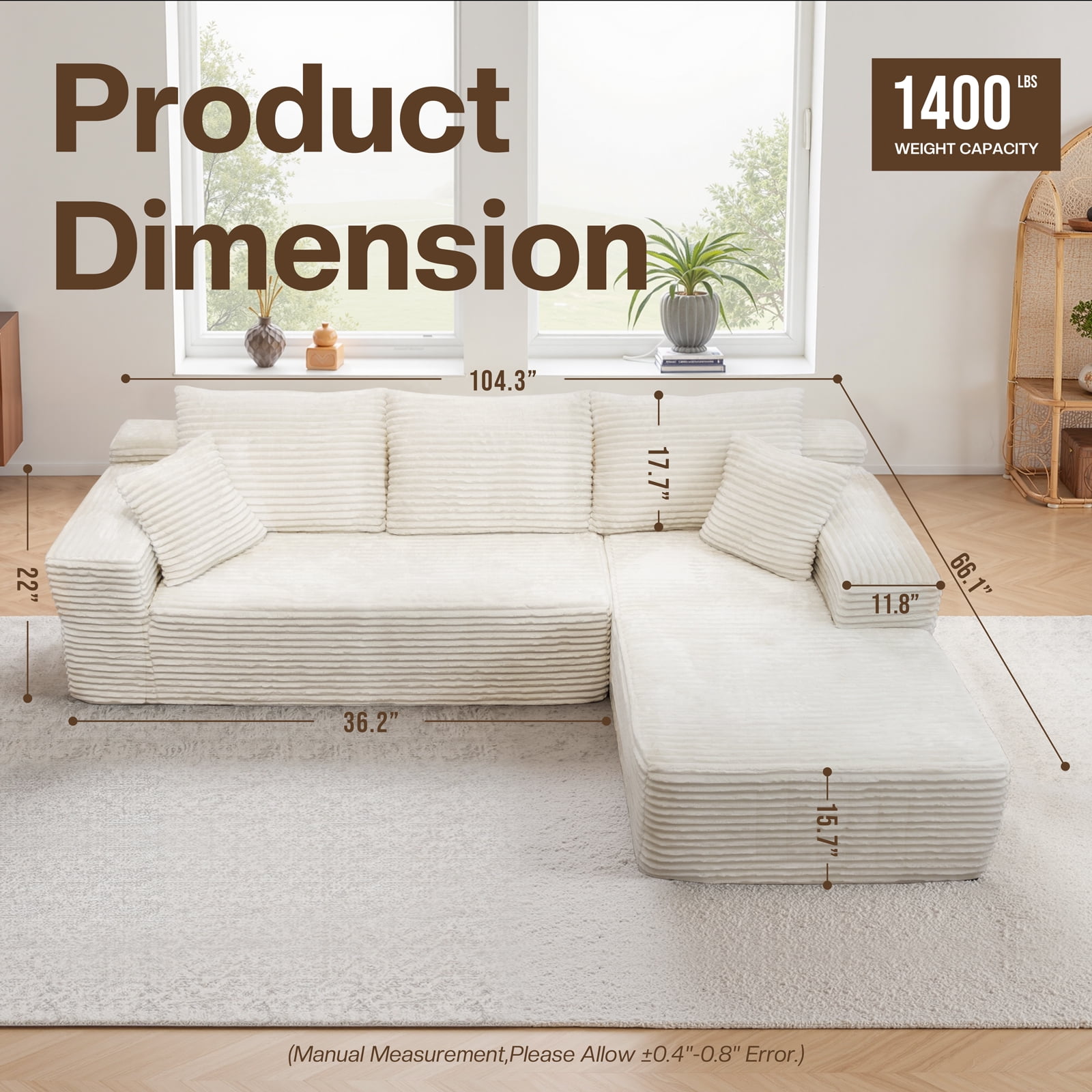 Kelyda 105" Modular L-Shaped Cloud Sofa, Plush Boneless Sectional with Deep Seats Chaise Corduroy Fabric Beige