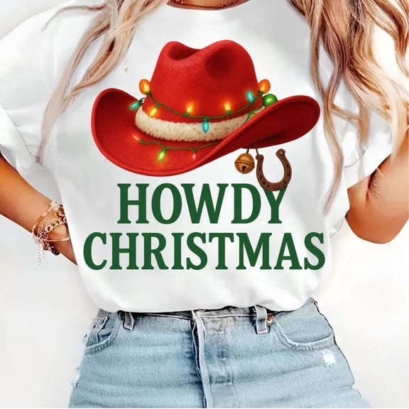 Howdy Cowboy Christmas Hat Tee, Western Holiday Tee