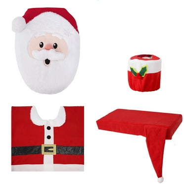 Wadada 4 Pieces Christmas Theme Bathroom Decoration Set w/Toilet Seat Cover, Rugs, Tank Cover, Toilet Paper Box Cover and Santa Towel for Xmas Indoor Décor, Party Favors (Santa)