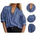 thumbnail image 2 of OBEEII Shirt for Women Summer Short Puff Sleeve Top Blue and White Striped Shirt V Neck Casual Blouse Business Shirt, 2 of 7