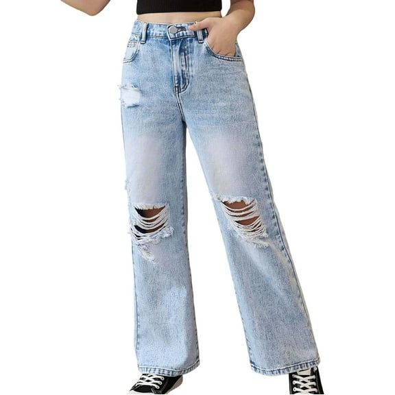 Krdevn Girls Distressed Jeans Wide Leg Pants for Teenagers with Snow Wash Denim High Waist Casual Loose Fit Trousers for Big Kids Youth,Fall Clothes,Size:8-9 Years
