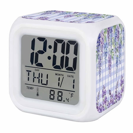Alarm Clocks Wisteria Flower Digital Clock 7 Color LED Night Light Silent Non-Ticking Battery Operated Butterfly Branches Purple Buffalo Plaid Cube Clocks for Bedroom Bedside Living Room Office