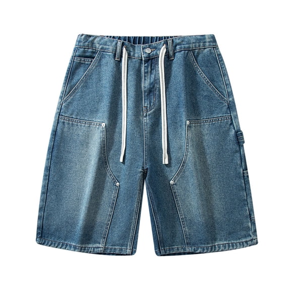 USNSM Men's Vintage Denim Shorts Loose Fit Shorts Elastic Drawstring Waist Baggy Streetwear Denim Shorts with Pocket Blue L