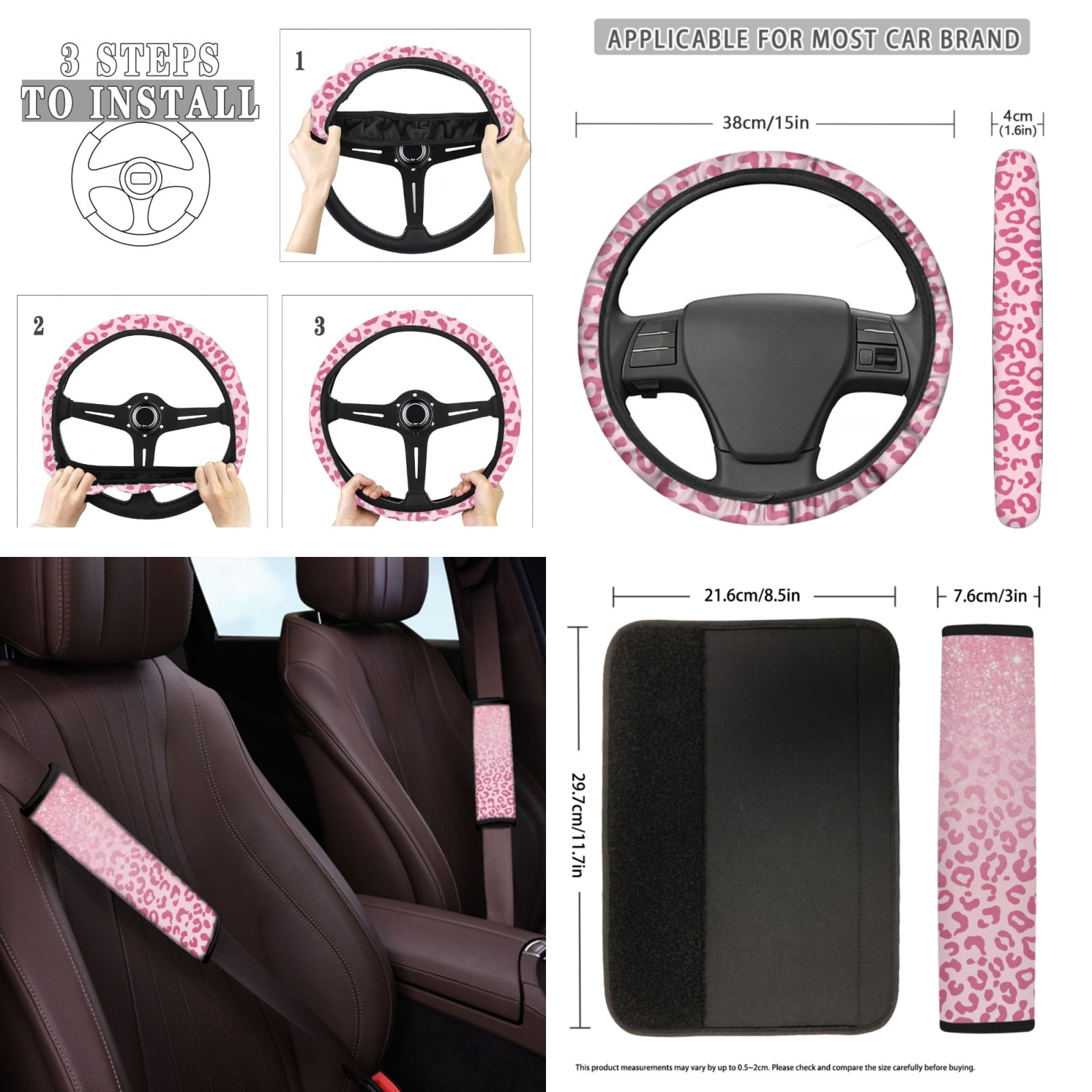 Yuyamidu 12 PCS Pink Leopard Print Car Seat Cover Set with Steering Wheel Cover Seat Belt Covers Cup Coasters Key Chain Car Accessories for Women